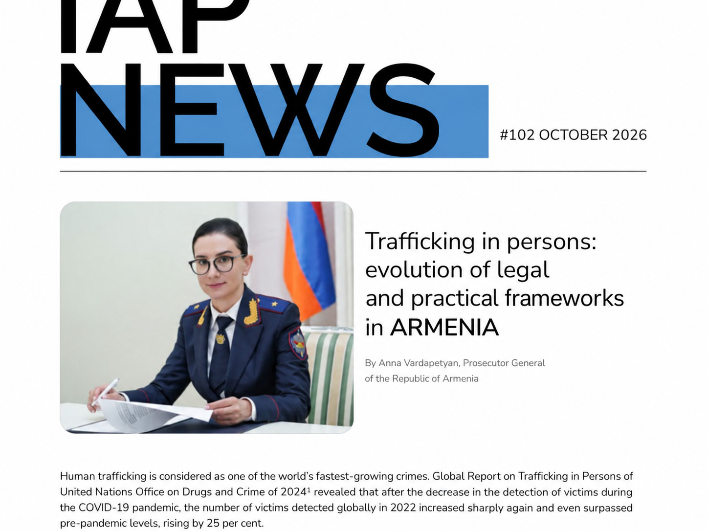 Գլխավոր դատախազ Աննա Վարդապետյանի հոդվածը հրապարակվել է Դատախազների միջազգային ասոցիացիայի մասնագիտական պարբերականում